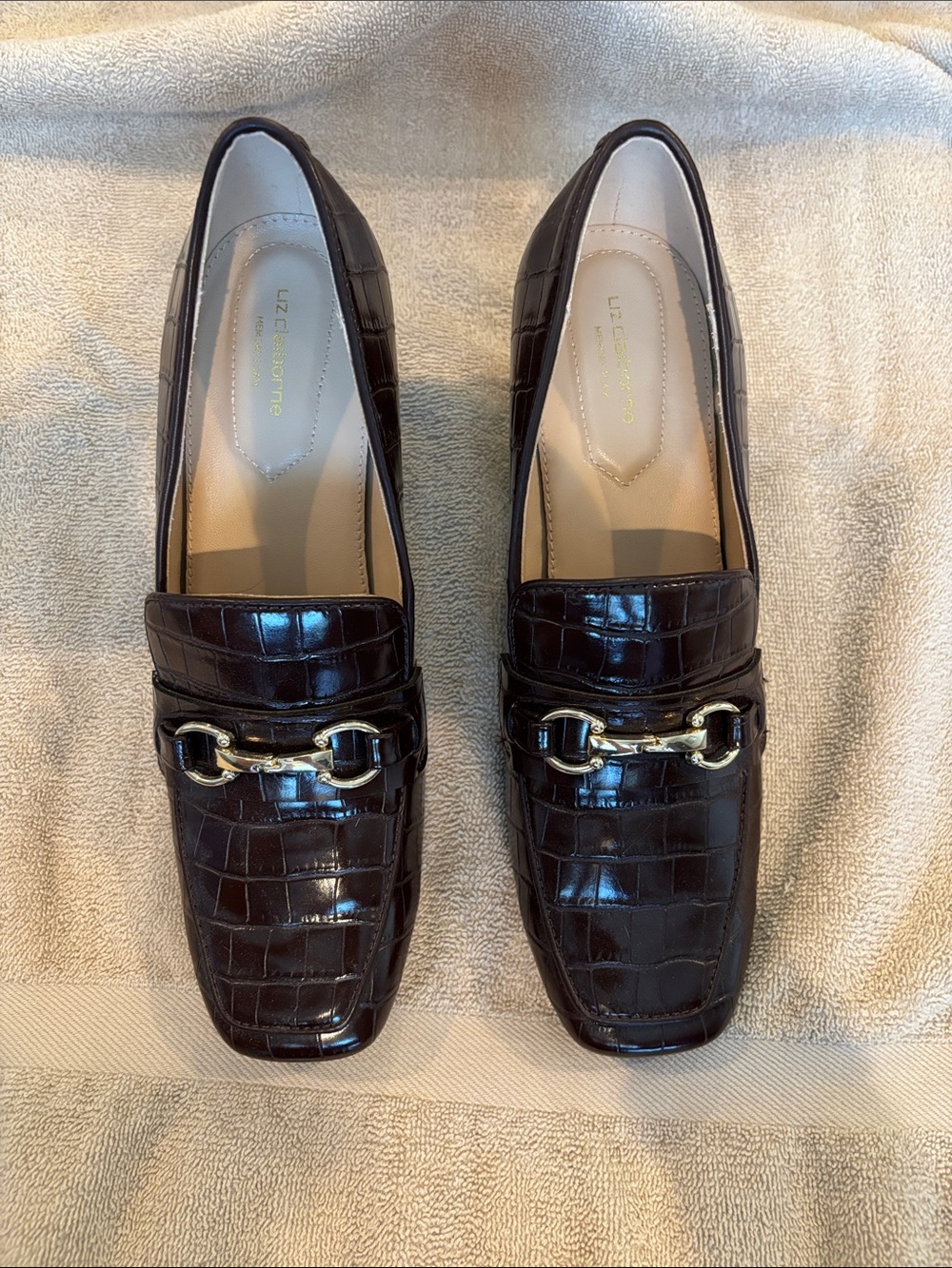 Liz Claiborne Dark Brown Croc-Embossed Loafers with Gold Bit